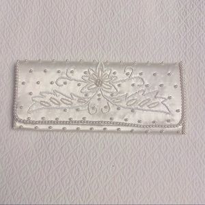 Vintage Faux Pearl Beaded Satin Evening Bag Baguette